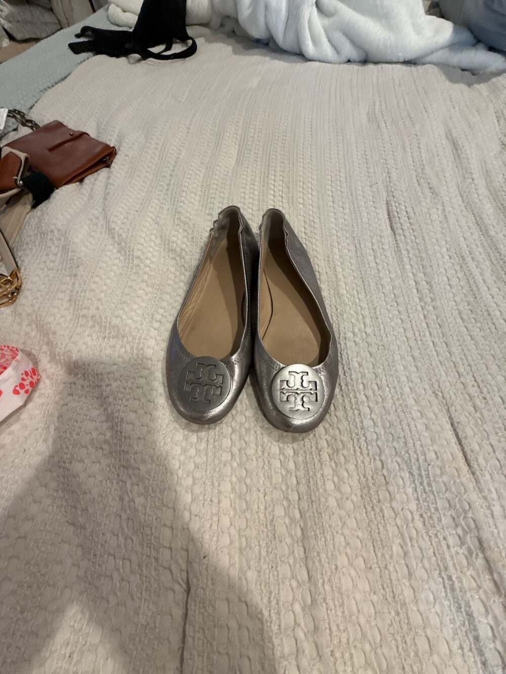 Tory Burch Reva Metallic Silver Leather Ballet Flats